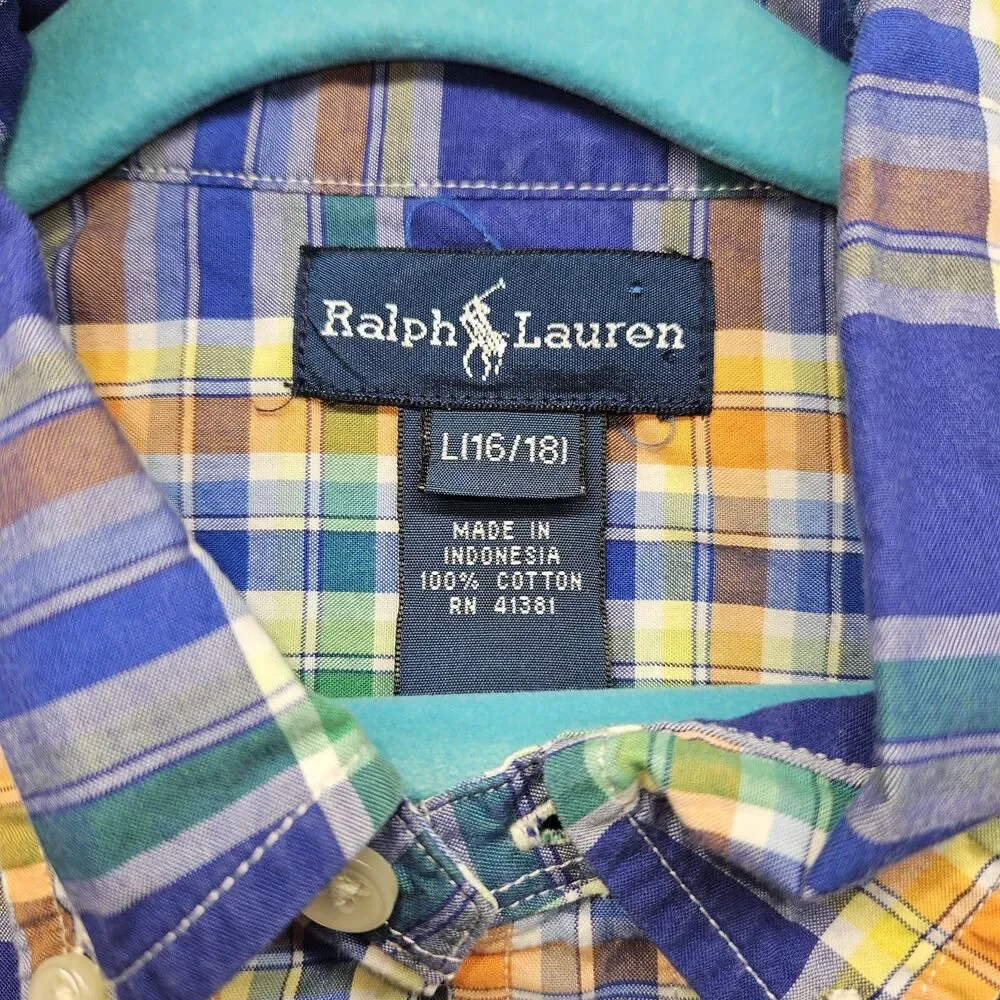 Ralph Lauren Boys Blue Orange Plaid Shirt Size 16/18 Button Down Longsleeve Prep
